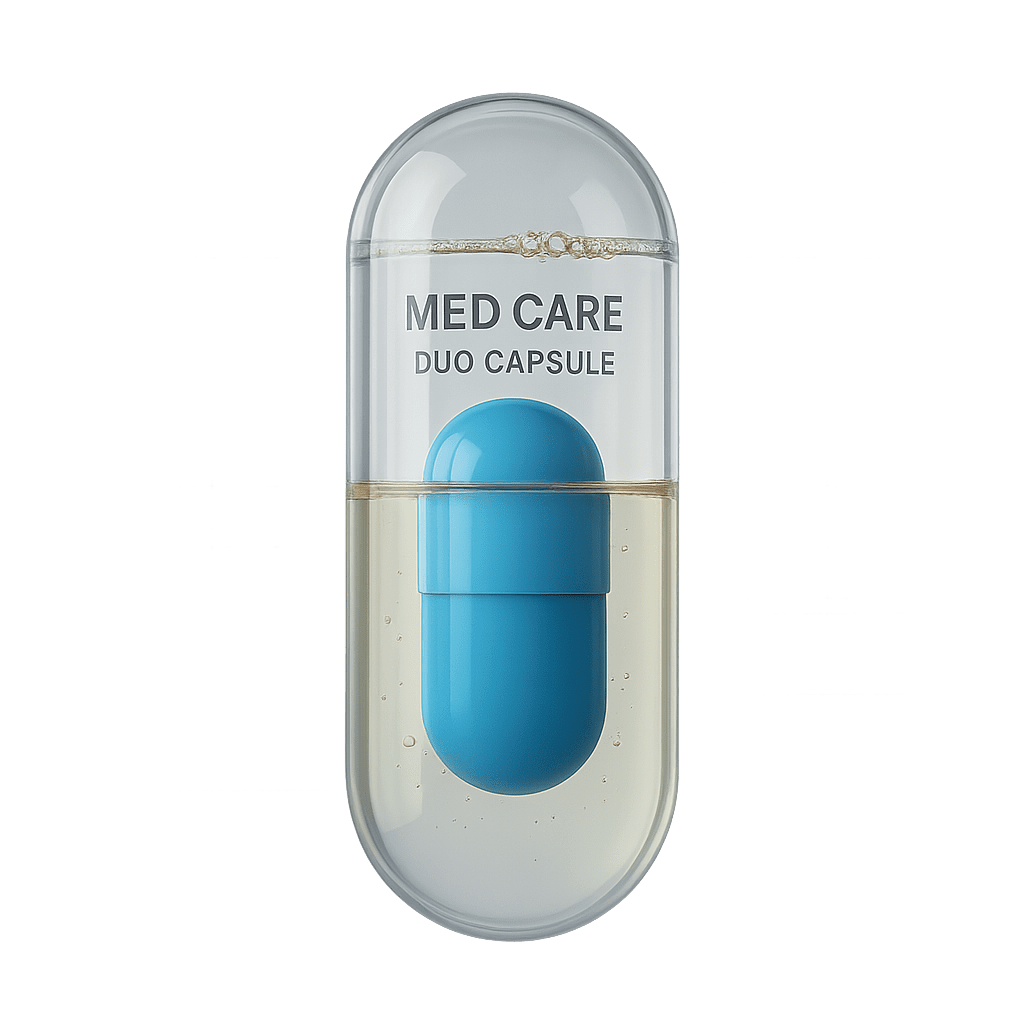 A technical cutaway illustration of the Med Care Liquid-in-Liquid capsule chambers.