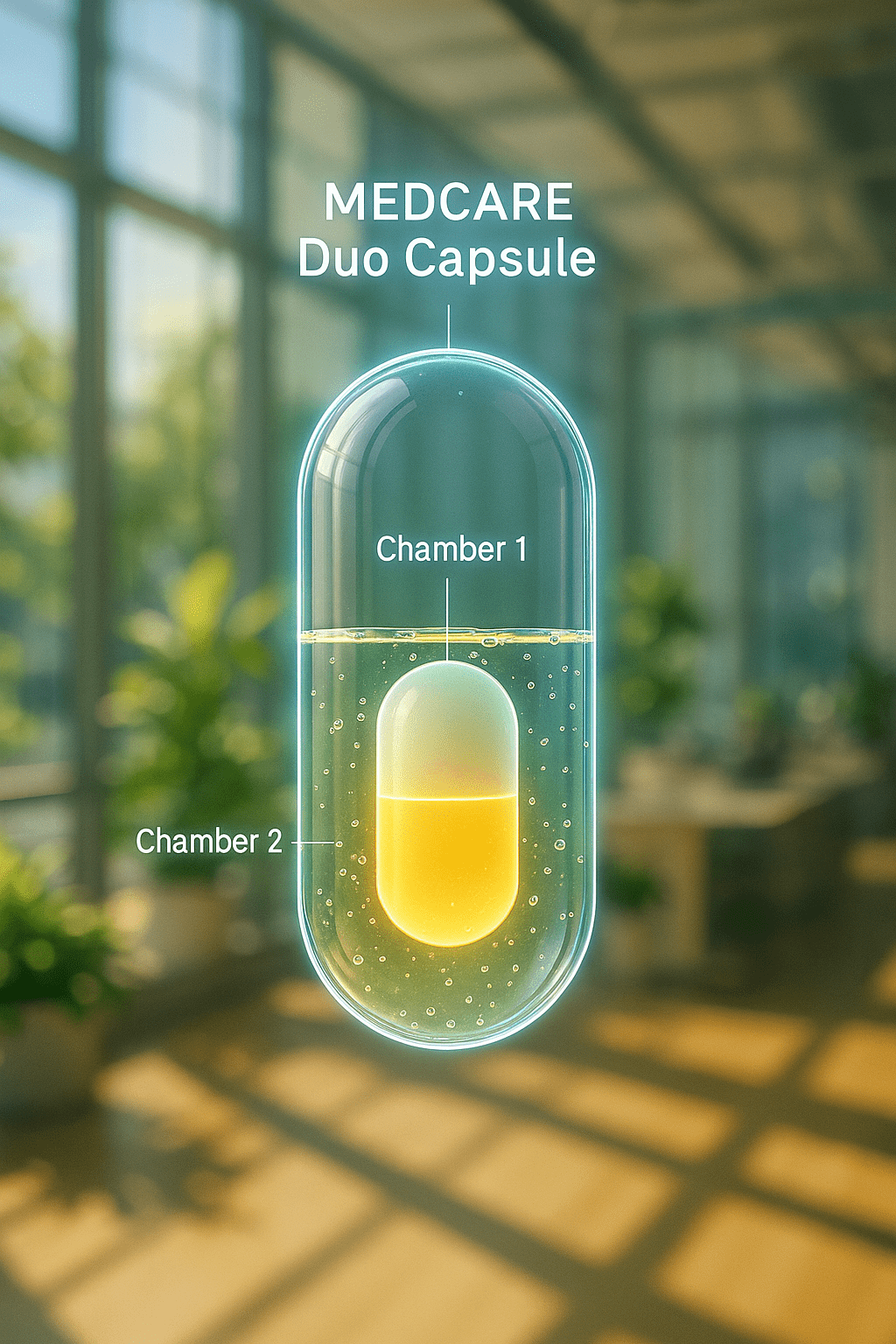 3D rendering of the Med Care Duo Capsule's dual-chamber technology.